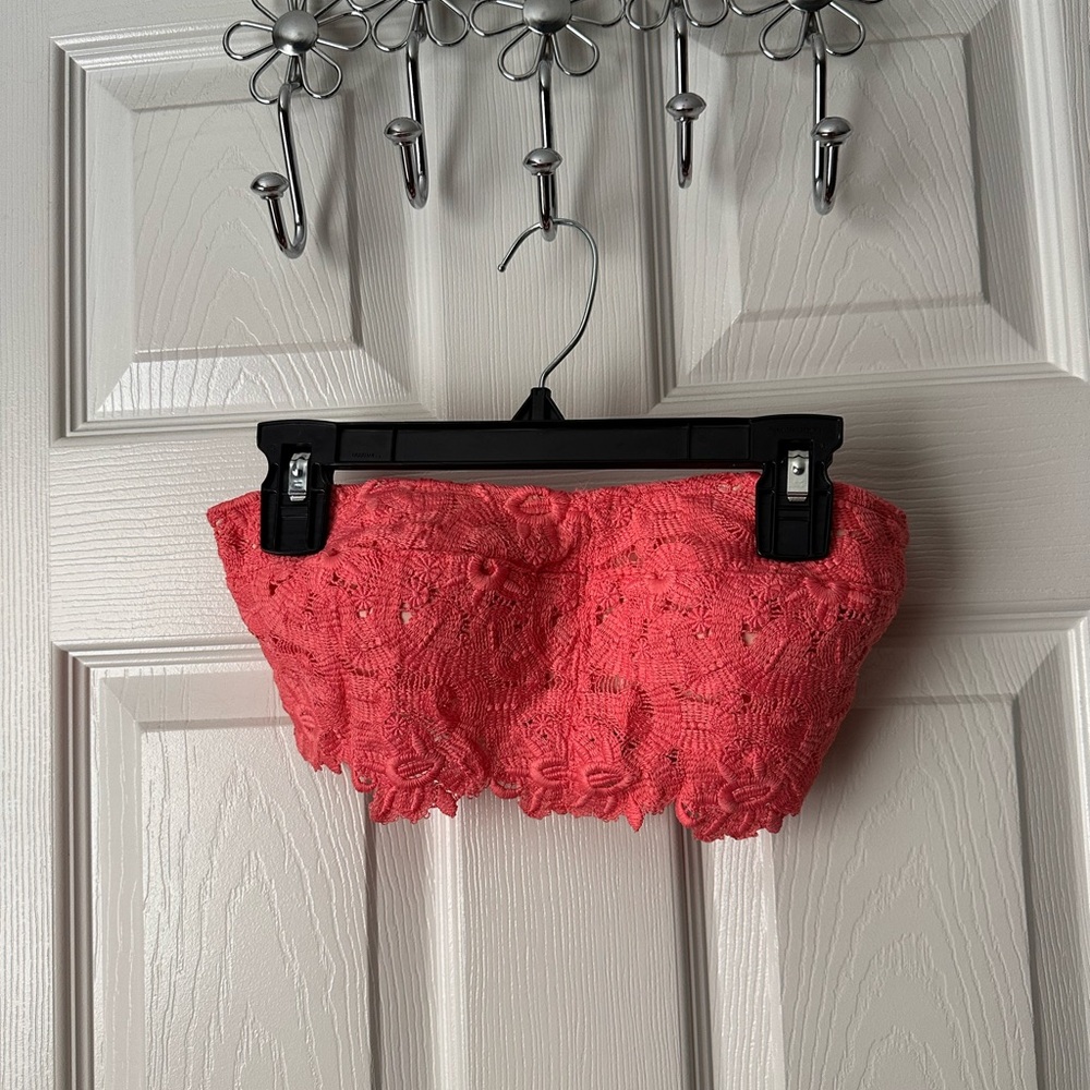 Aerie Pink Lace Bandeau Bathing Suit Top Wireless Hook & Eye Closure Size S